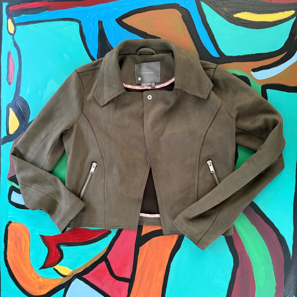 Anthropologie Olive Green Faux Suede Jacket w/ Zipper Details Spring Jacket